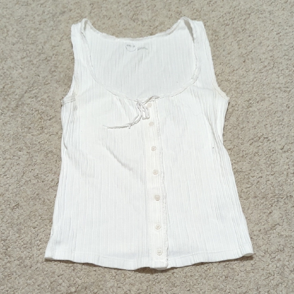 aerie White Ribbed Button-Front Camisole with Tie